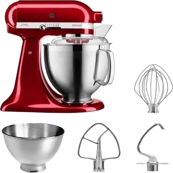 Планетарный миксер KitchenAid Artisan 5KSM185PSECA, 300 Вт, металлический корпус, цвет Candy Apple Red, чаши из нержавеющей стали 4,8 л и 3 л, набор из 5 принадлежностей