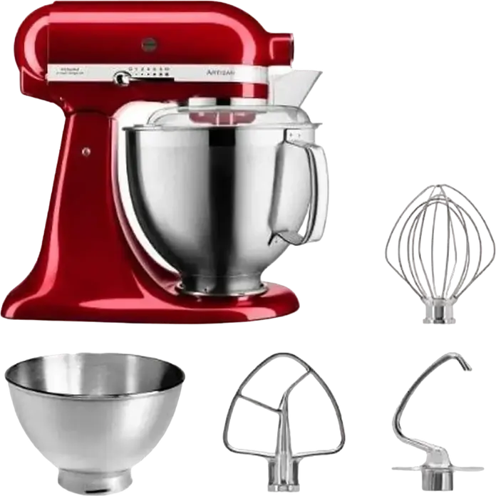 Планетарный миксер KitchenAid Artisan 5KSM185PSECA, 300 Вт, металлический корпус, цвет Candy Apple Red, чаши из нержавеющей стали 4,8 л и 3 л, набор из 5 принадлежностей