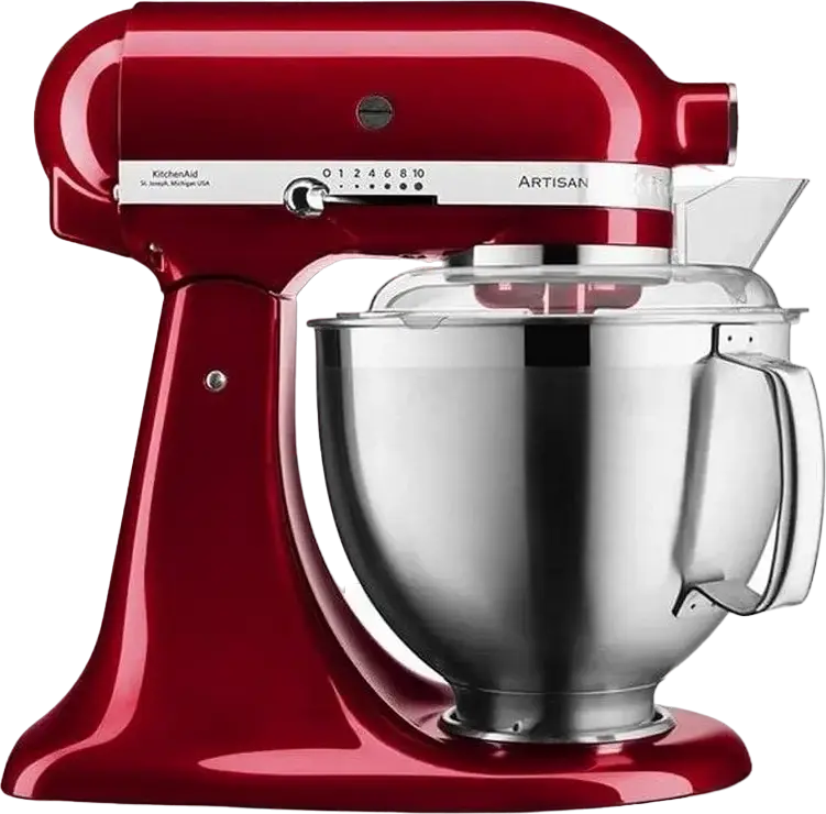 Планетарный миксер KitchenAid Artisan 5KSM185PSECA, 300 Вт, металлический корпус, цвет Candy Apple Red, чаши из нержавеющей стали 4,8 л и 3 л, набор из 5 принадлежностей