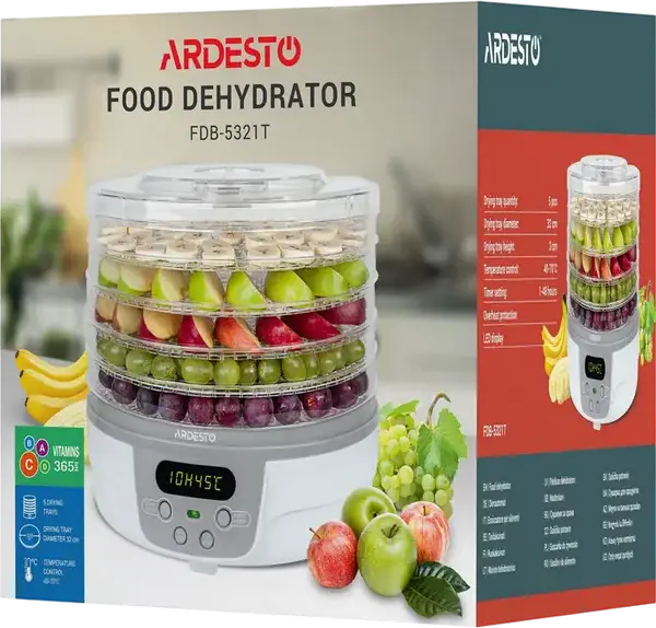 Ardesto FDB-5321T Food Dehydrator, 5 Trays, 250W, 40-70°C Temperature Control, 1-48h Timer, LED Display, White Plastic Case
