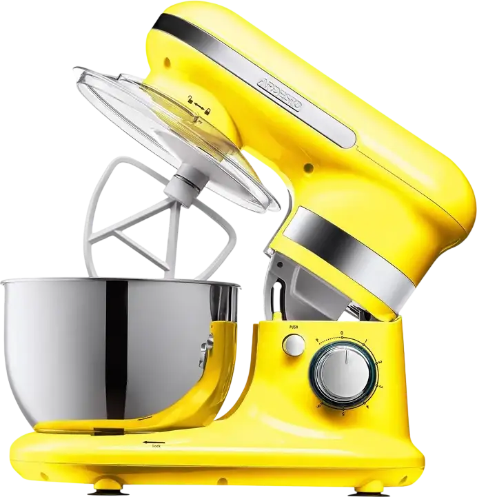 Ardesto KSTM-8044 Planetary Stand Mixer, 800W, 6 Speed Levels + Pulse, 4L Stainless Steel Bowl, Yellow, Set of 3 Attachments (Dough Hook, Whisk, Paddle)