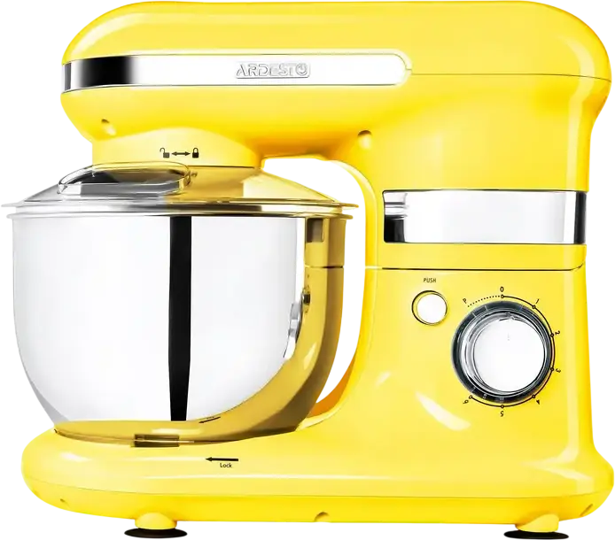 Ardesto KSTM-8044 Planetary Stand Mixer, 800W, 6 Speed Levels + Pulse, 4L Stainless Steel Bowl, Yellow, Set of 3 Attachments (Dough Hook, Whisk, Paddle)