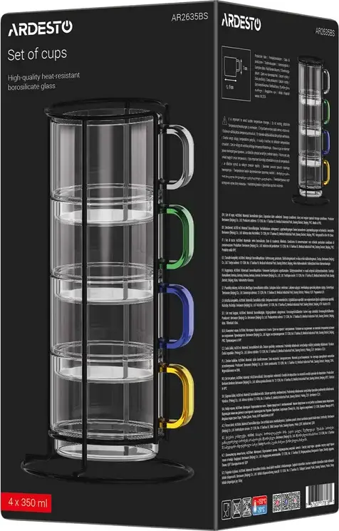Set de 4 pahare din sticla Ardesto Shine mix AR2635BS cu suport de depozitare din metal, capacitate 350 ml, manere culori mix
