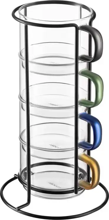 Set de 4 pahare din sticla Ardesto Shine mix AR2635BS cu suport de depozitare din metal, capacitate 350 ml, manere culori mix
