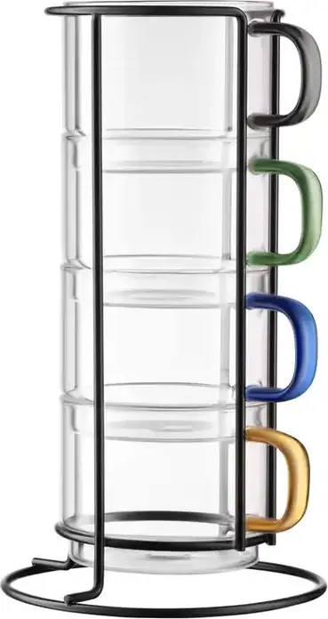 Set de 4 pahare din sticla Ardesto Shine mix AR2635BS cu suport de depozitare din metal, capacitate 350 ml, manere culori mix