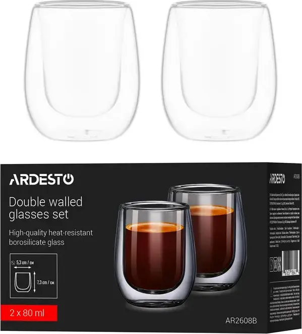 Набор из 2 предметов стаканов с двойными стенками Ardesto AR2608B, термостойкое боросиликатное стекло, 80мл