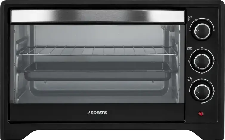 Cuptor Electric Ardesto MO-T33B, Negru, Grill și Convecție, 100-250°C, Butoane Rotative, Timer, Iluminare Interioară, cu Tavă de Coapte, Grătar și Spit