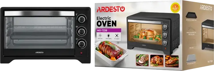 Cuptor Electric Ardesto MO-T33B, Negru, Grill și Convecție, 100-250°C, Butoane Rotative, Timer, Iluminare Interioară, cu Tavă de Coapte, Grătar și Spit