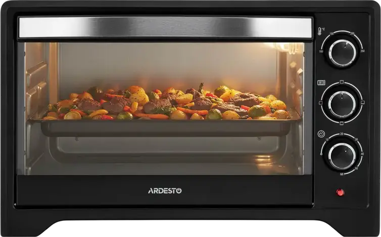Cuptor Electric Ardesto MO-T33B, Negru, Grill și Convecție, 100-250°C, Butoane Rotative, Timer, Iluminare Interioară, cu Tavă de Coapte, Grătar și Spit
