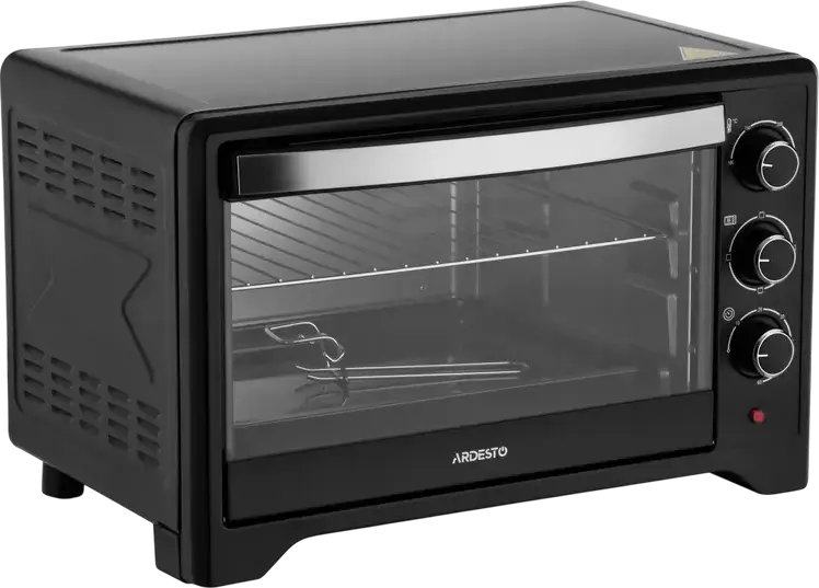 Cuptor Electric Ardesto MO-T33B, Negru, Grill și Convecție, 100-250°C, Butoane Rotative, Timer, Iluminare Interioară, cu Tavă de Coapte, Grătar și Spit