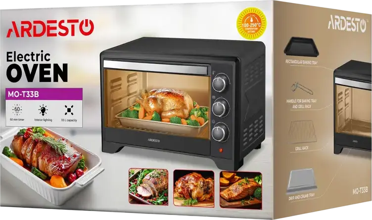 Cuptor Electric Ardesto MO-T33B, Negru, Grill și Convecție, 100-250°C, Butoane Rotative, Timer, Iluminare Interioară, cu Tavă de Coapte, Grătar și Spit