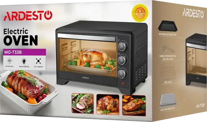 Cuptor Electric Ardesto MO-T33B, Negru, Grill și Convecție, 100-250°C, Butoane Rotative, Timer, Iluminare Interioară, cu Tavă de Coapte, Grătar și Spit