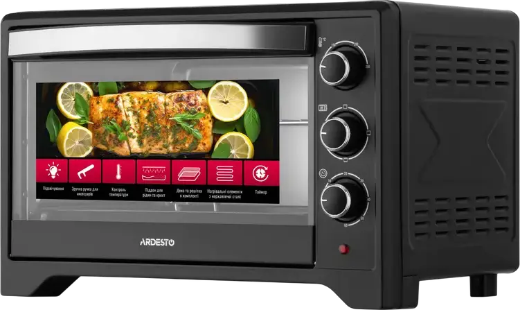 Cuptor Electric Ardesto MO-T33B, Negru, Grill și Convecție, 100-250°C, Butoane Rotative, Timer, Iluminare Interioară, cu Tavă de Coapte, Grătar și Spit