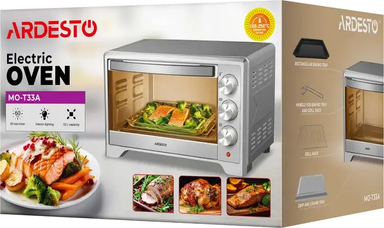 Ardesto MO-T33A Electric Oven, 33L Capacity, Stainless Steel, Grill and Convection, 100-250°C, 60 min Timer, with Baking Tray and Grill Rack