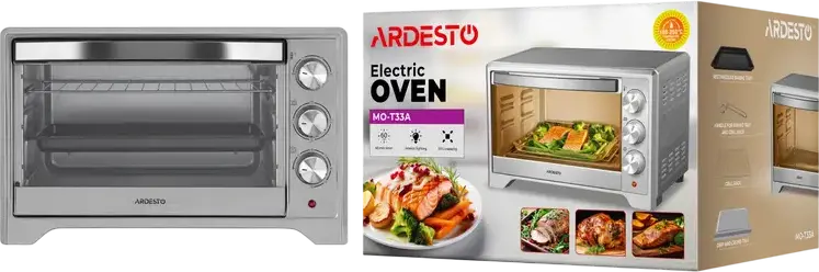 Ardesto MO-T33A Electric Oven, 33L Capacity, Stainless Steel, Grill and Convection, 100-250°C, 60 min Timer, with Baking Tray and Grill Rack