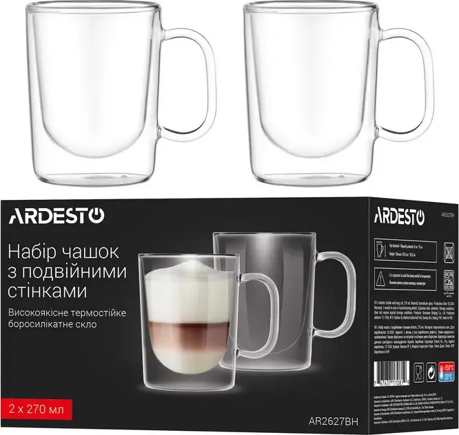 Ardesto AR2627BH Double Wall Borosilicate Glass Mugs, 270ml, Set of 2, Heat Resistant, Microwave and Dishwasher Safe