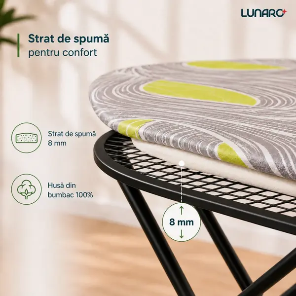 Гладильная доска Lunaro VERA-BK, металлическая сетка 120x38 см, черный металлический каркас, чехол из 100% хлопка серого цвета, поролон 8 мм, подставка для утюга