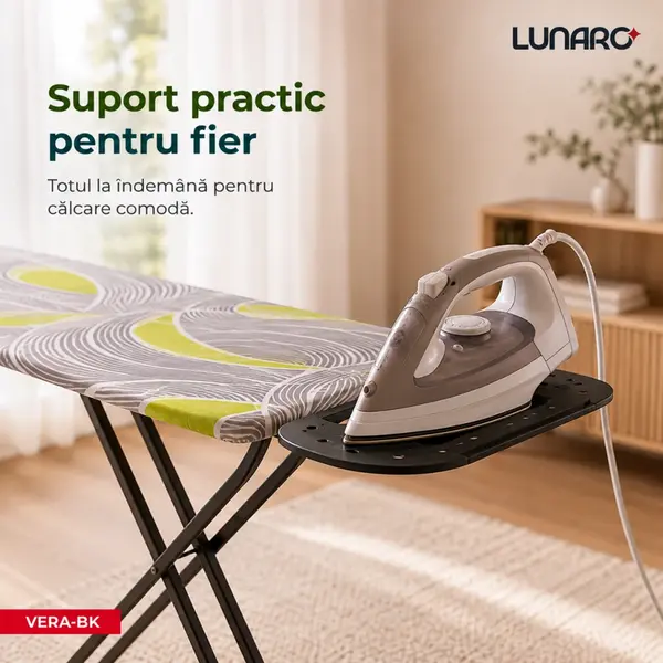 Гладильная доска Lunaro VERA-BK, металлическая сетка 120x38 см, черный металлический каркас, чехол из 100% хлопка серого цвета, поролон 8 мм, подставка для утюга