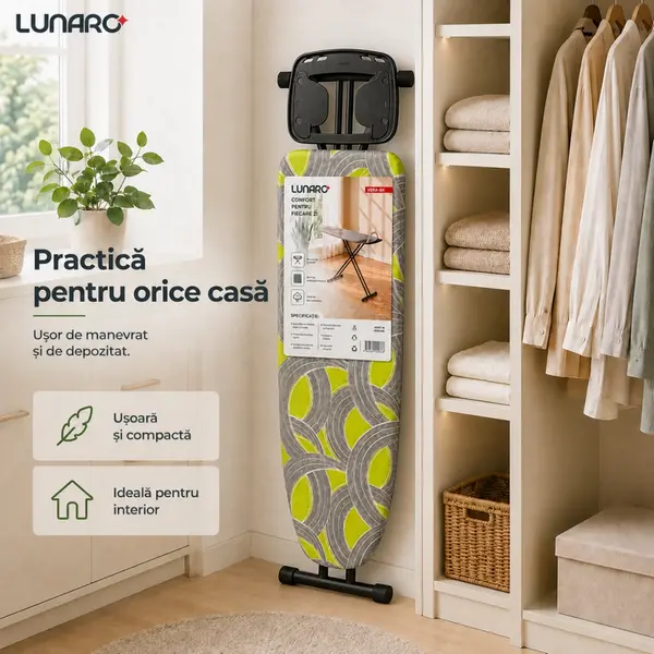 Гладильная доска Lunaro VERA-BK, металлическая сетка 120x38 см, черный металлический каркас, чехол из 100% хлопка серого цвета, поролон 8 мм, подставка для утюга
