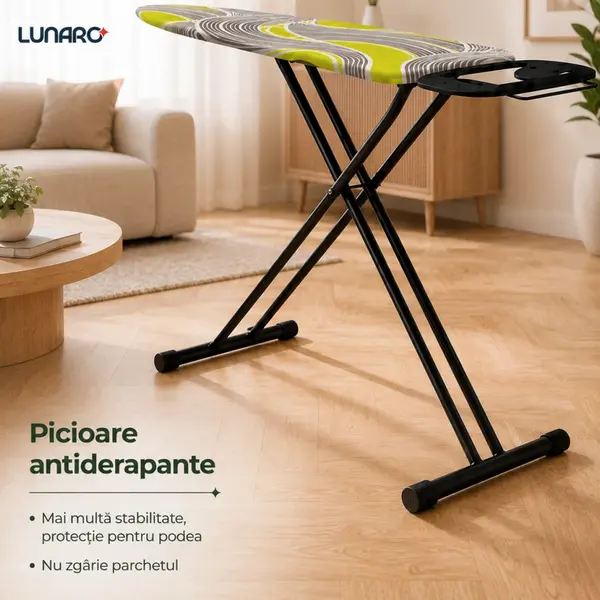 Гладильная доска Lunaro VERA-BK, металлическая сетка 120x38 см, черный металлический каркас, чехол из 100% хлопка серого цвета, поролон 8 мм, подставка для утюга