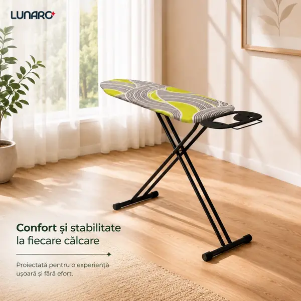 Гладильная доска Lunaro VERA-BK, металлическая сетка 120x38 см, черный металлический каркас, чехол из 100% хлопка серого цвета, поролон 8 мм, подставка для утюга