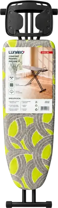 Гладильная доска Lunaro VERA-BK, металлическая сетка 120x38 см, черный металлический каркас, чехол из 100% хлопка серого цвета, поролон 8 мм, подставка для утюга