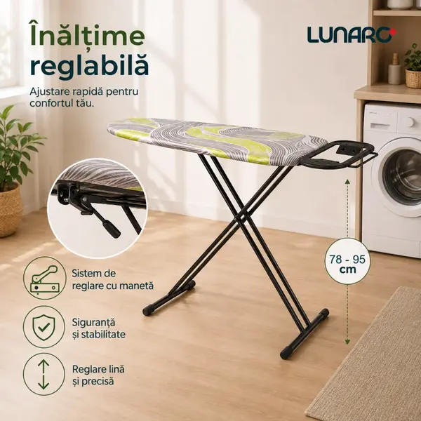 Гладильная доска Lunaro VERA-BK, металлическая сетка 120x38 см, черный металлический каркас, чехол из 100% хлопка серого цвета, поролон 8 мм, подставка для утюга