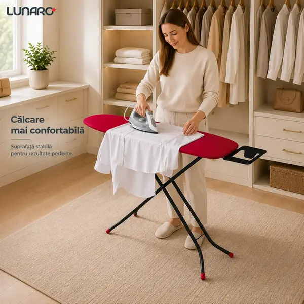 Lunaro NEO-BK Ironing Board, 110x30 cm Metal Mesh Surface, 100% Cotton Cover with Foam Padding, Foldable X-Frame, Integrated Iron Rest, Non-slip Feet