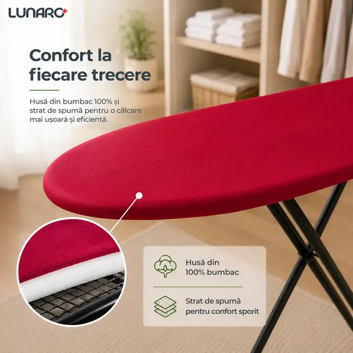 Lunaro NEO-BK Ironing Board, 110x30 cm Metal Mesh Surface, 100% Cotton Cover with Foam Padding, Foldable X-Frame, Integrated Iron Rest, Non-slip Feet