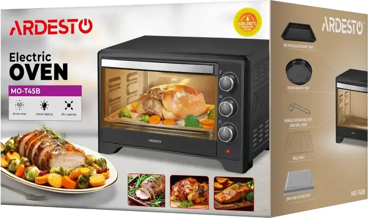 Ardesto MO-T45B Electric Oven, 45L Capacity, Convection and Grill, 100-250°C, Black, with 5 Accessories