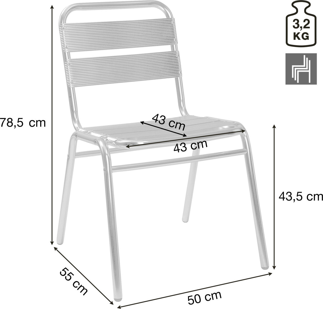 Set de 4 scaune bistro exterioare PULSIVA LUSINI Limona, aluminiu lustruit, fara bratze, 50 x 55 x 78.5 cm, stivuibile, rezistente la intemperii si UV, argintiu