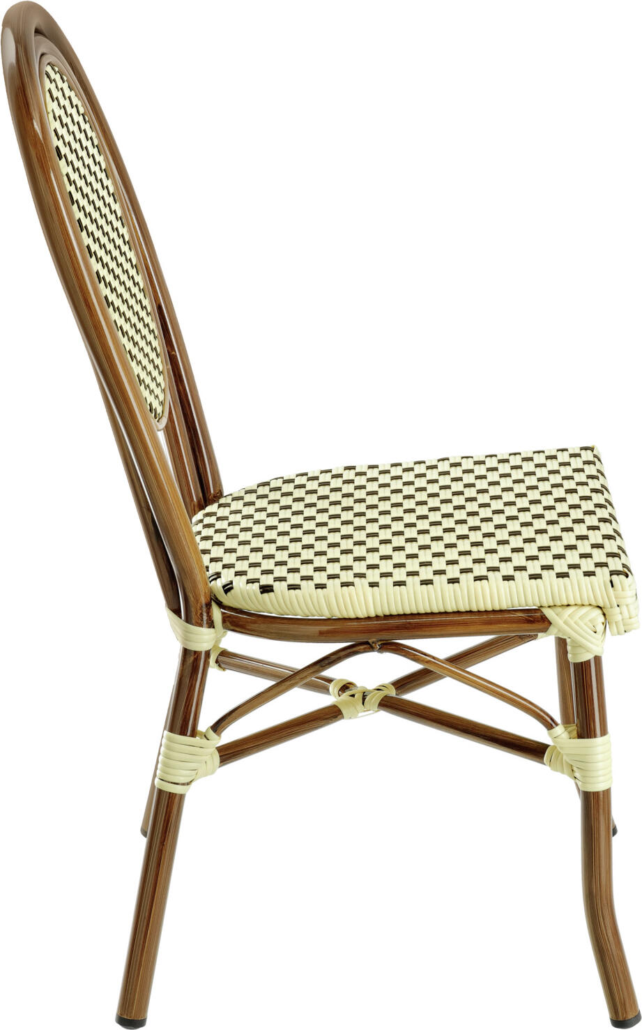 Set de 2 Scaune Bistro Exterior Pulsiva Glory, Maro, Cadru Aluminiu Aspect Bambus, Impletitura Plastic, Stivuibile Rezistente la Intemperii, 60x43x89 cm