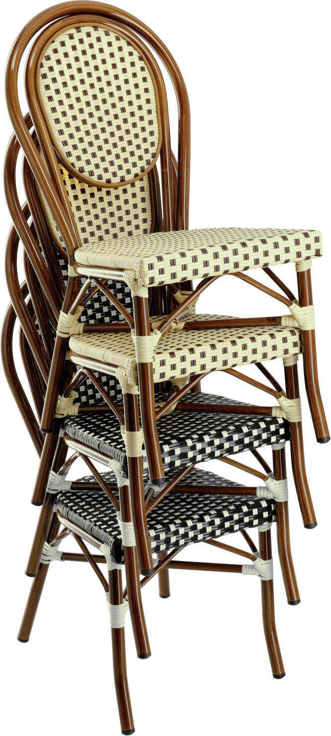 Set de 2 Scaune Bistro Exterior Pulsiva Glory, Maro, Cadru Aluminiu Aspect Bambus, Impletitura Plastic, Stivuibile Rezistente la Intemperii, 60x43x89 cm