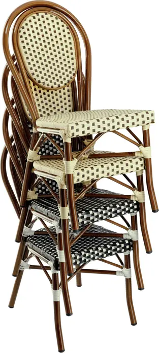 Set de 2 Scaune Bistro Exterior Pulsiva Glory, Maro, Cadru Aluminiu Aspect Bambus, Impletitura Plastic, Stivuibile Rezistente la Intemperii, 60x43x89 cm