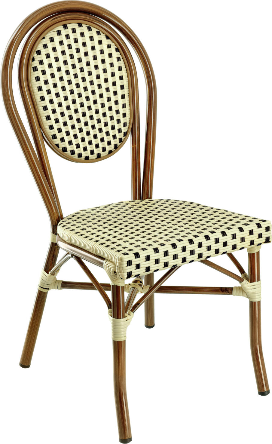 Set de 2 Scaune Bistro Exterior Pulsiva Glory, Maro, Cadru Aluminiu Aspect Bambus, Impletitura Plastic, Stivuibile Rezistente la Intemperii, 60x43x89 cm