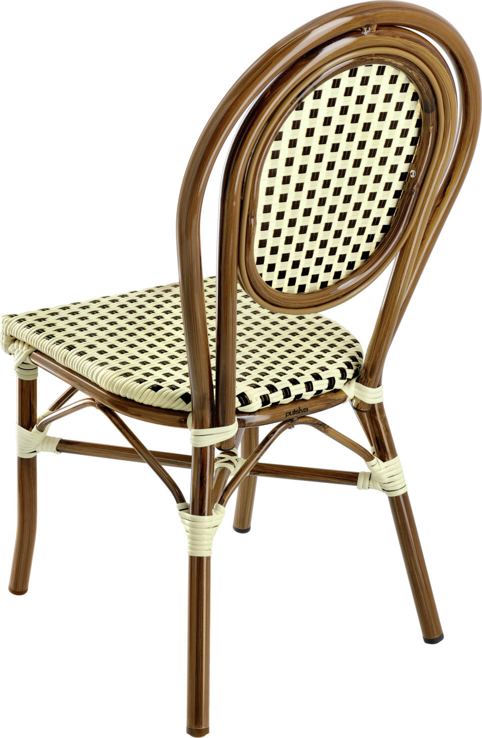 Set de 2 Scaune Bistro Exterior Pulsiva Glory, Maro, Cadru Aluminiu Aspect Bambus, Impletitura Plastic, Stivuibile Rezistente la Intemperii, 60x43x89 cm
