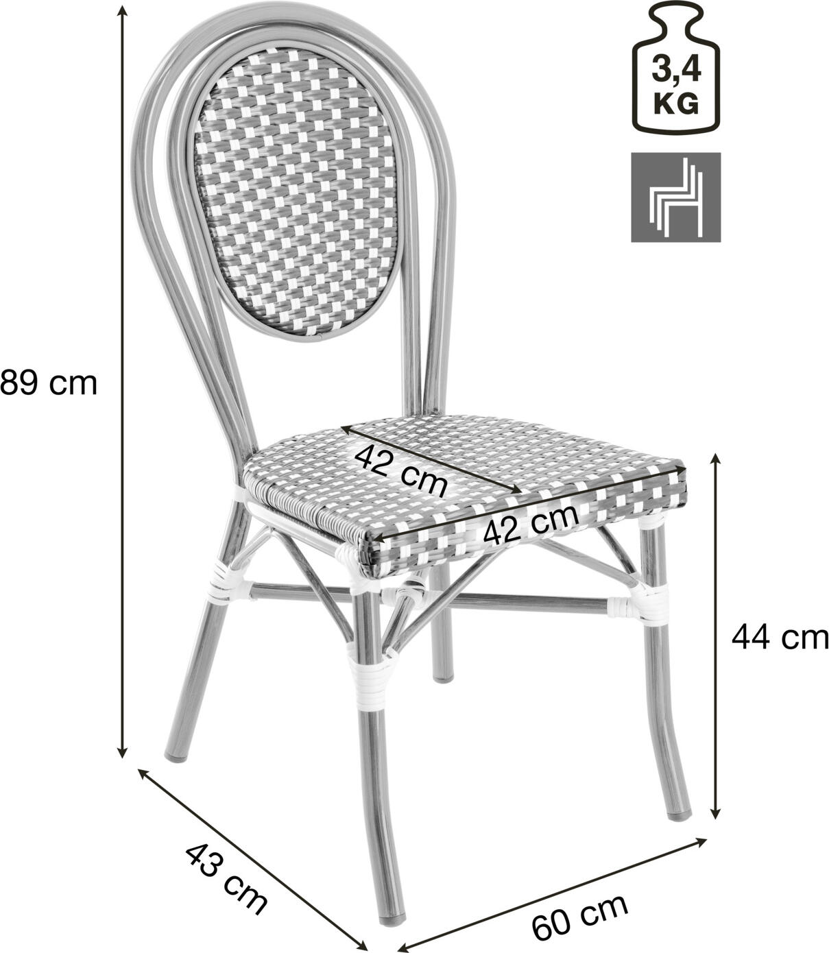 Set de 2 Scaune Bistro Exterior Pulsiva Glory, Maro, Cadru Aluminiu Aspect Bambus, Impletitura Plastic, Stivuibile Rezistente la Intemperii, 60x43x89 cm