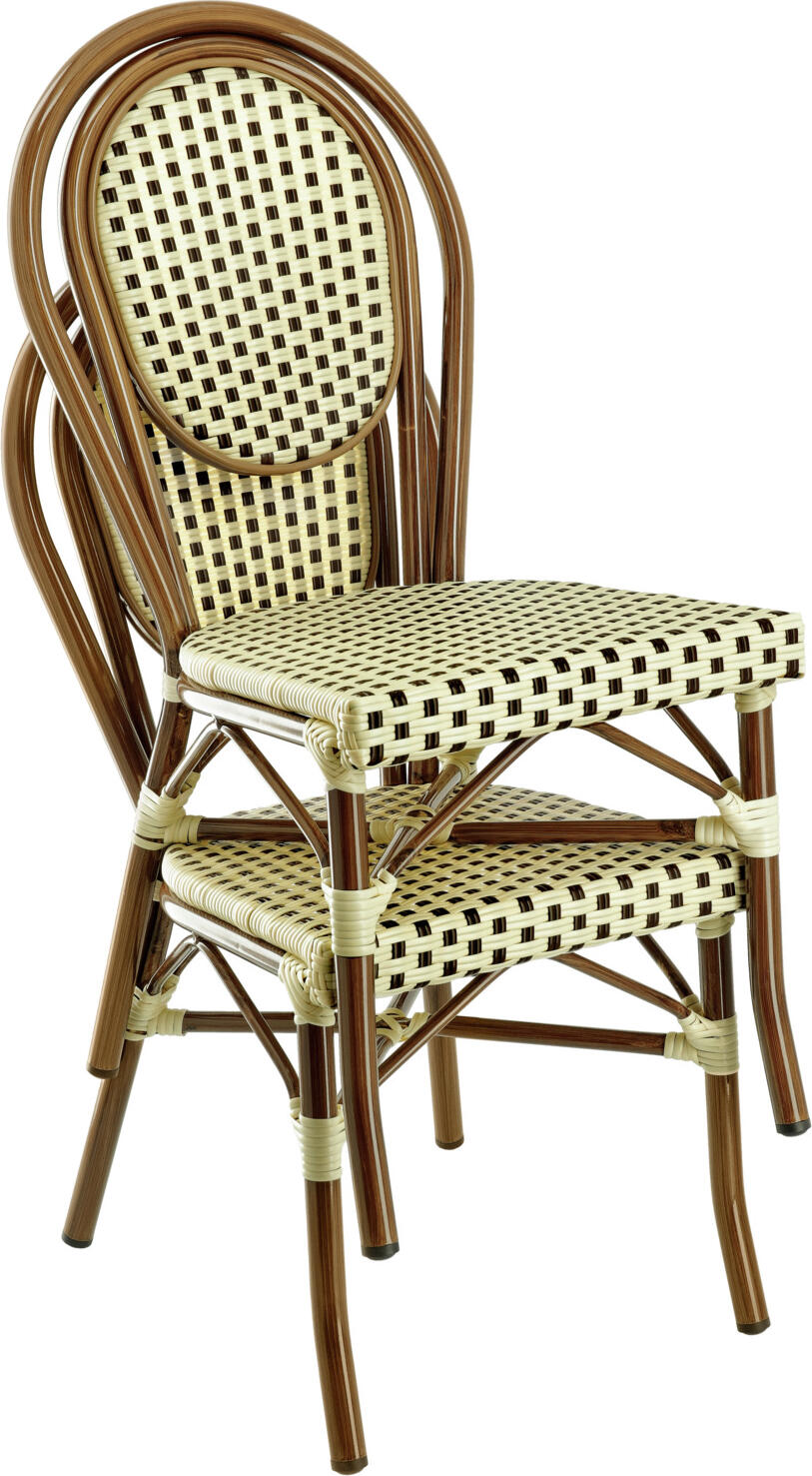Set de 2 Scaune Bistro Exterior Pulsiva Glory, Maro, Cadru Aluminiu Aspect Bambus, Impletitura Plastic, Stivuibile Rezistente la Intemperii, 60x43x89 cm