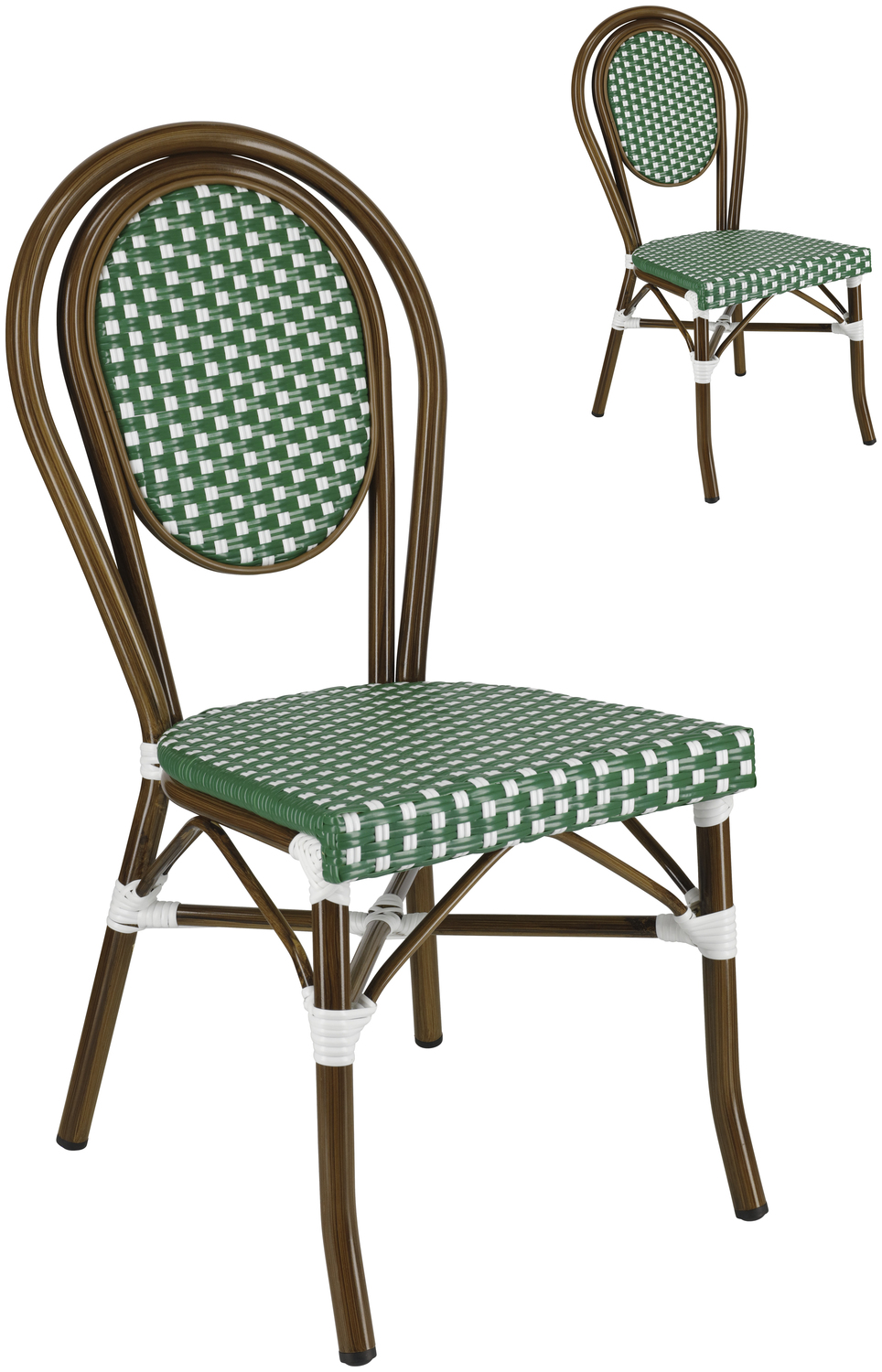Set de 2 Scaune Bistro Exterior Pulsiva Glory, Verde si Alb, Cadru Aluminiu Aspect Bambus, Impletitura Plastic, Stivuibile Rezistente la Intemperii, 60x43x89 cm
