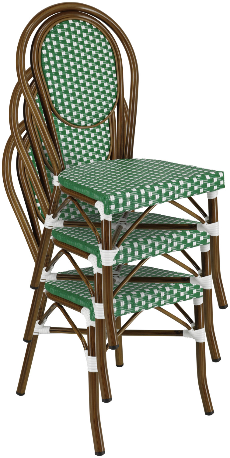 Set de 2 Scaune Bistro Exterior Pulsiva Glory, Verde si Alb, Cadru Aluminiu Aspect Bambus, Impletitura Plastic, Stivuibile Rezistente la Intemperii, 60x43x89 cm