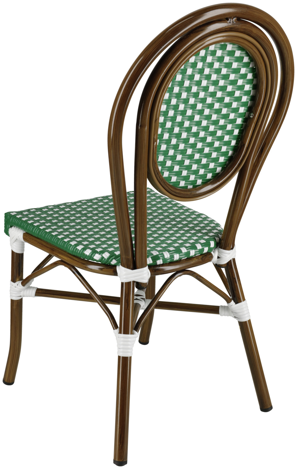 Set de 2 Scaune Bistro Exterior Pulsiva Glory, Verde si Alb, Cadru Aluminiu Aspect Bambus, Impletitura Plastic, Stivuibile Rezistente la Intemperii, 60x43x89 cm