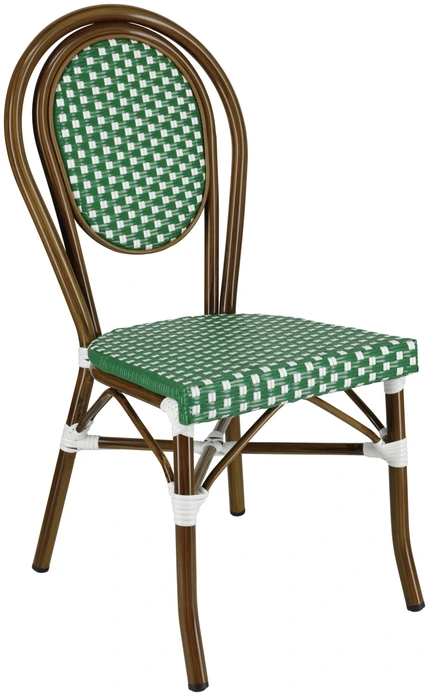 Set de 2 Scaune Bistro Exterior Pulsiva Glory, Verde si Alb, Cadru Aluminiu Aspect Bambus, Impletitura Plastic, Stivuibile Rezistente la Intemperii, 60x43x89 cm