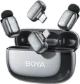 Набор из 4 предметов беспроводных петличных микрофонов Boya mini 2-01, всенаправленный конденсаторный, 2.4ГГц, дальность 100м, шумоподавление, USB-C и Lightning, серый