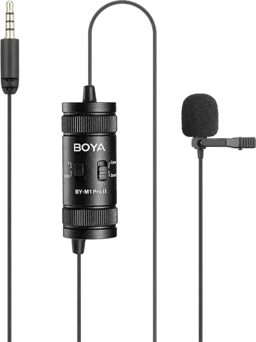 Boya BY-M1 Pro II Omnidirectional Lavalier Lapel Microphone, 6m Cable, Gain Control, for Smartphones, DSLR Cameras, PC, Black