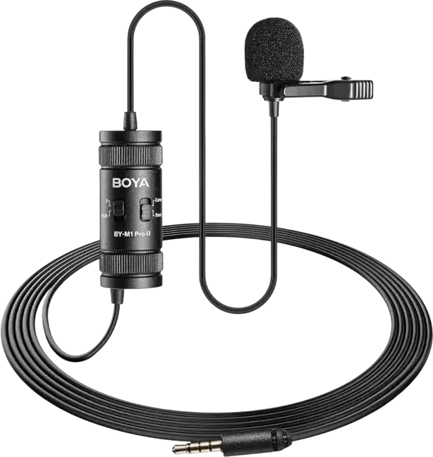 Boya BY-M1 Pro II Omnidirectional Lavalier Lapel Microphone, 6m Cable, Gain Control, for Smartphones, DSLR Cameras, PC, Black
