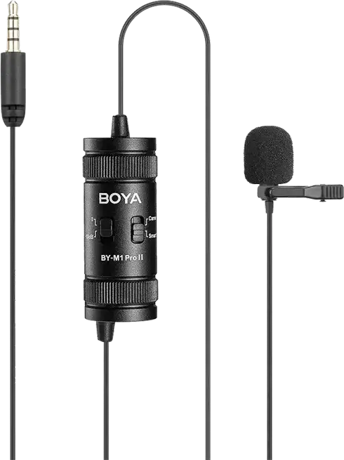Boya BY-M1 Pro II Omnidirectional Lavalier Lapel Microphone, 6m Cable, Gain Control, for Smartphones, DSLR Cameras, PC, Black