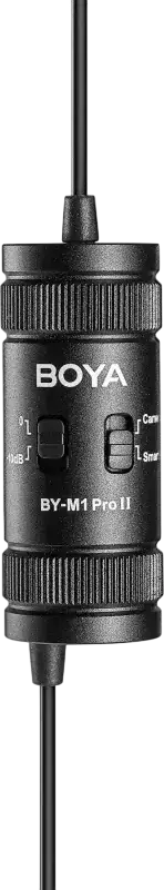 Boya BY-M1 Pro II Omnidirectional Lavalier Lapel Microphone, 6m Cable, Gain Control, for Smartphones, DSLR Cameras, PC, Black