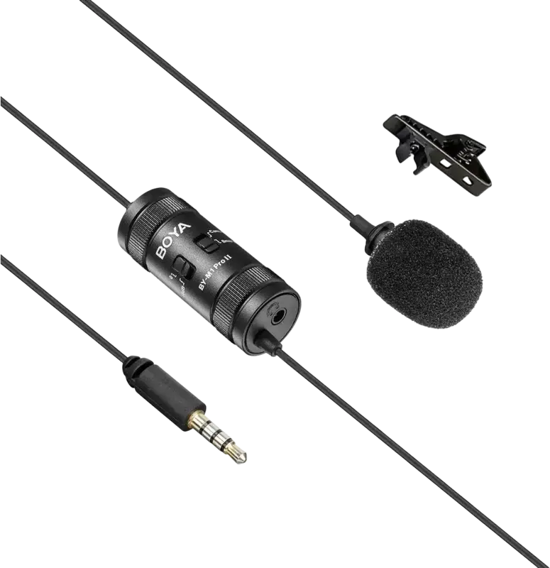 Boya BY-M1 Pro II Omnidirectional Lavalier Lapel Microphone, 6m Cable, Gain Control, for Smartphones, DSLR Cameras, PC, Black