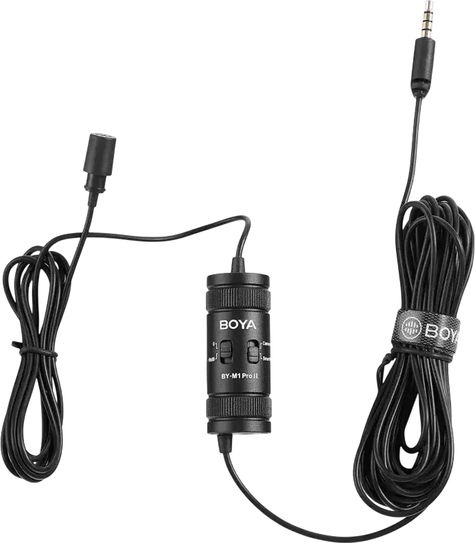 Boya BY-M1 Pro II Omnidirectional Lavalier Lapel Microphone, 6m Cable, Gain Control, for Smartphones, DSLR Cameras, PC, Black