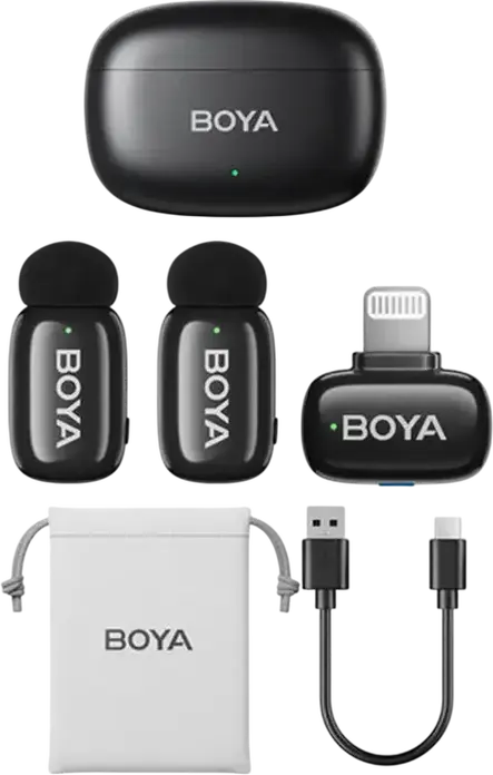 Boya mini 2-03 Wireless Lavalier Microphone Set of 3, Omnidirectional Condenser, 2.4GHz, Lightning Connector, Noise Reduction, Black
